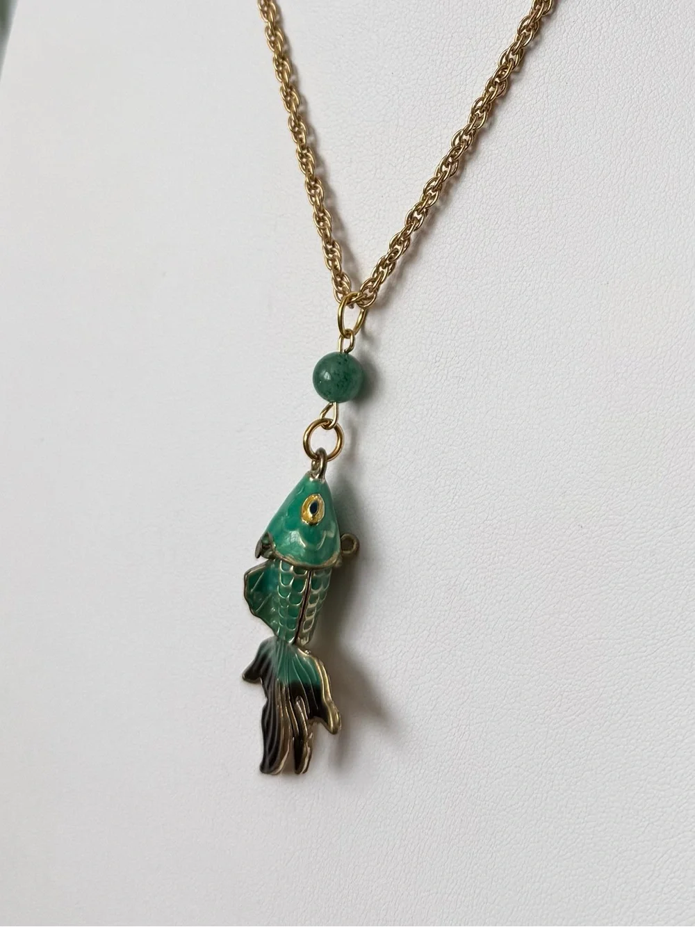Vintage Green Cloisonné Enamel Articulated Koi Fish Pendant Necklace Gold-tone